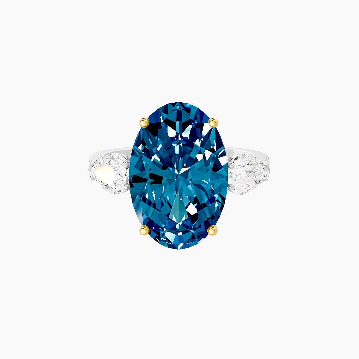 Classic Pear Trilogy with Straight Shank | 18k White & Yellow Gold 5 ct Oval Blue Lab Diamond Ring