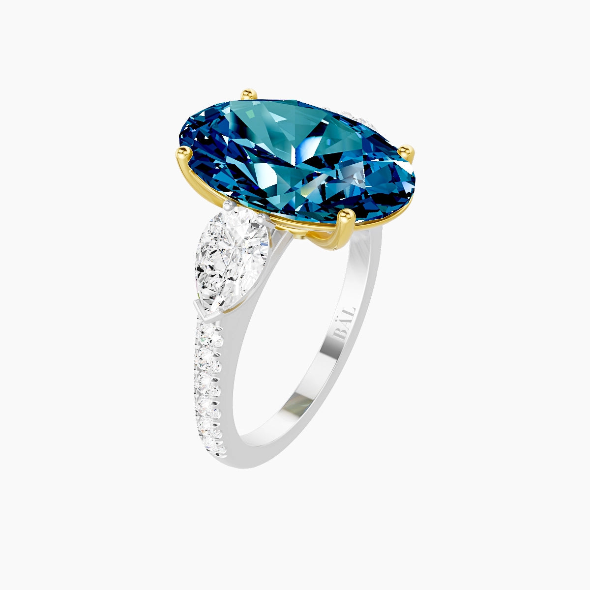 Classic Pear Trilogy with Straight Shank | 18k White & Yellow Gold 5 ct Oval Blue Lab Diamond Ring