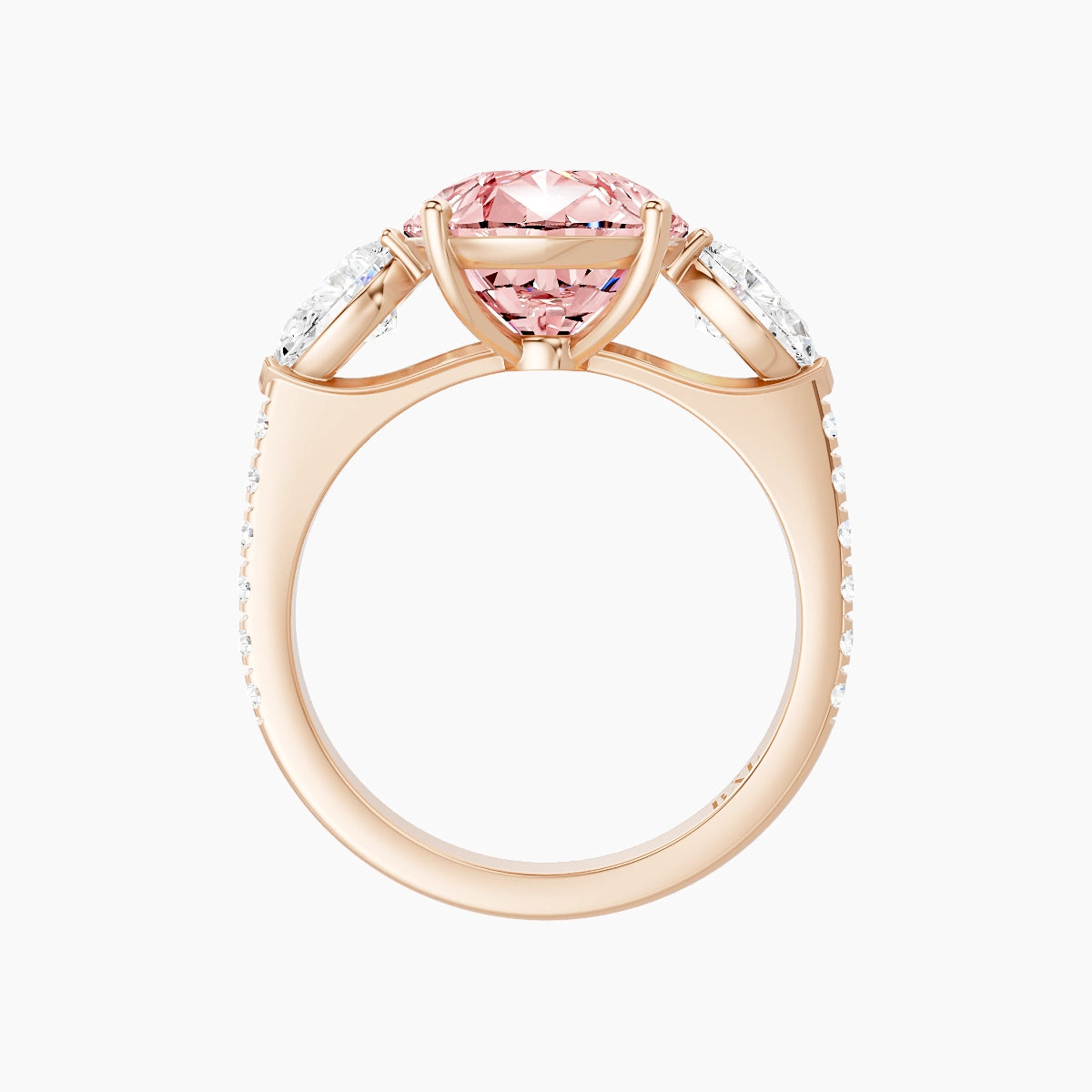 Classic Pear Trilogy with Straight Shank | 18k Rose Gold 5 ct Pear Pink Lab Diamond Ring