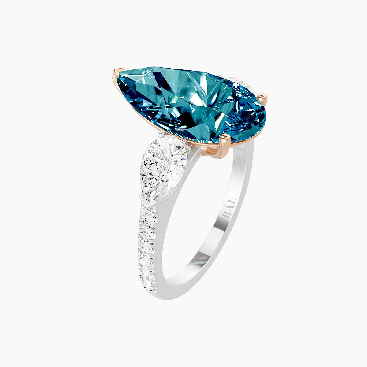 Classic Pear Trilogy with Straight Shank | 18k White & Rose Gold 5 ct Pear Blue Lab Diamond Ring