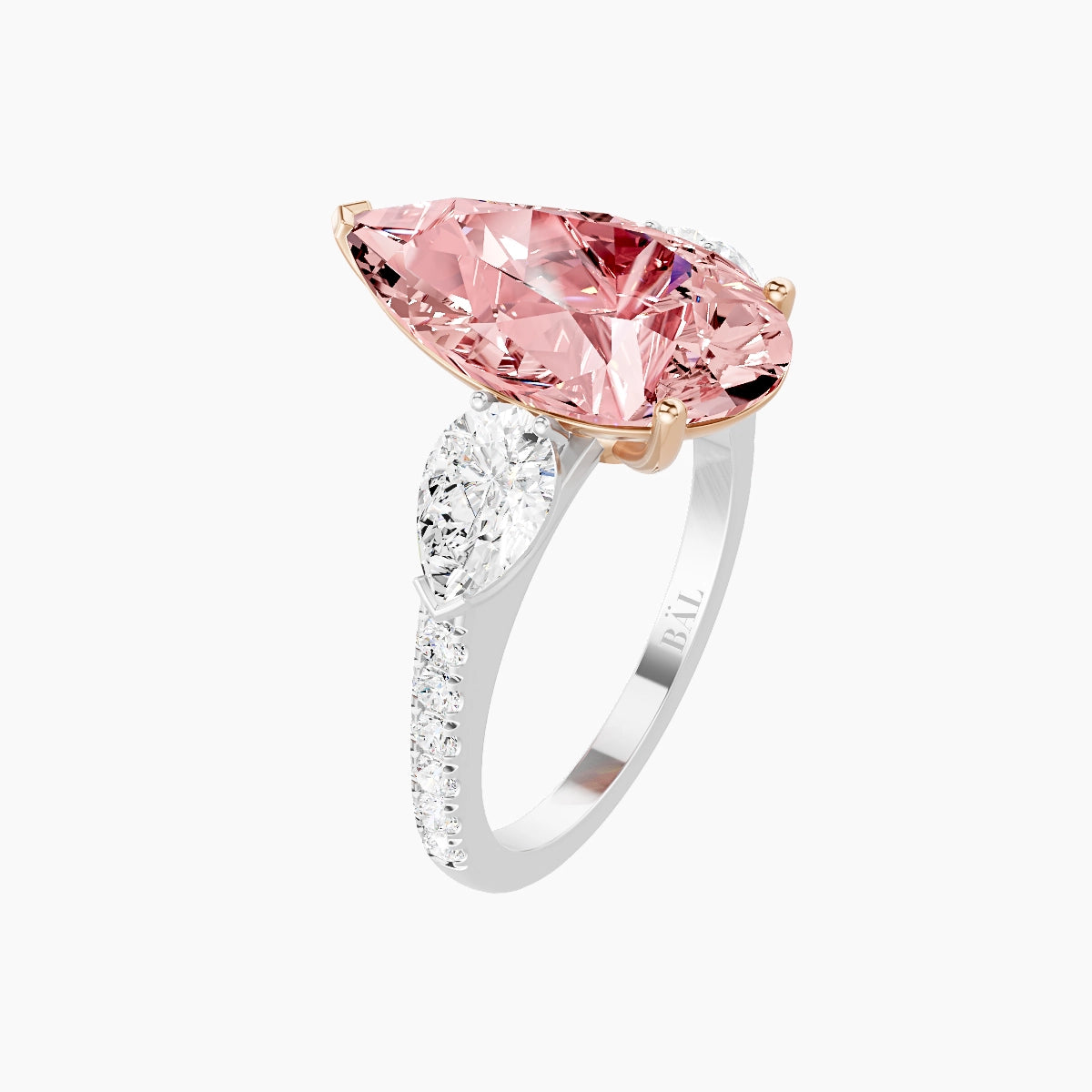 Classic Pear Trilogy with Straight Shank | 18k White & Rose Gold 5 ct Pear Pink Lab Diamond Ring