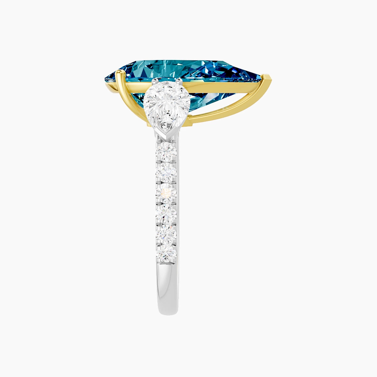 Classic Pear Trilogy with Straight Shank | 18k White & Yellow Gold 5 ct Pear Blue Lab Diamond Ring