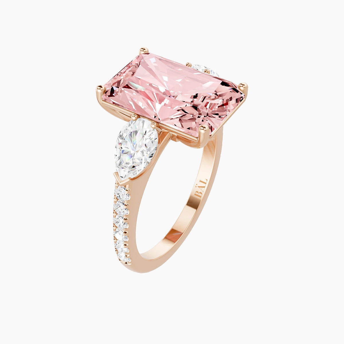 Classic Pear Trilogy with Straight Shank | 18k Rose Gold 5 ct Radiant Pink Lab Diamond Ring