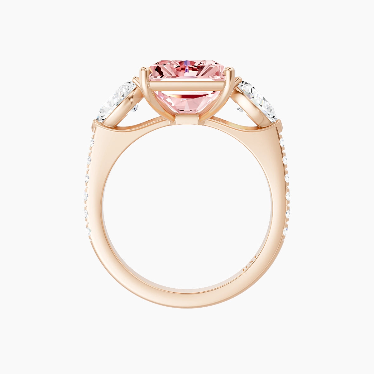 Classic Pear Trilogy with Straight Shank | 18k Rose Gold 5 ct Radiant Pink Lab Diamond Ring