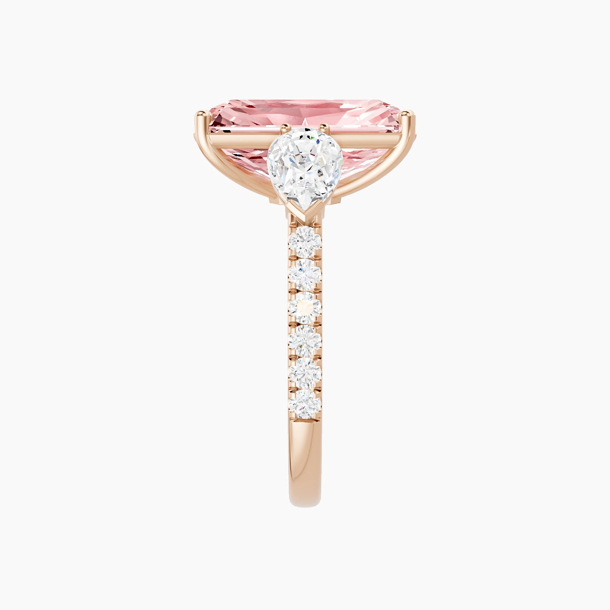 Classic Pear Trilogy with Straight Shank | 18k Rose Gold 5 ct Radiant Pink Lab Diamond Ring