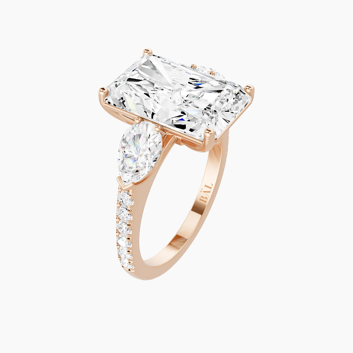 Classic Pear Trilogy with Straight Shank | 18k Rose Gold 5 ct Radiant White Lab Diamond Ring