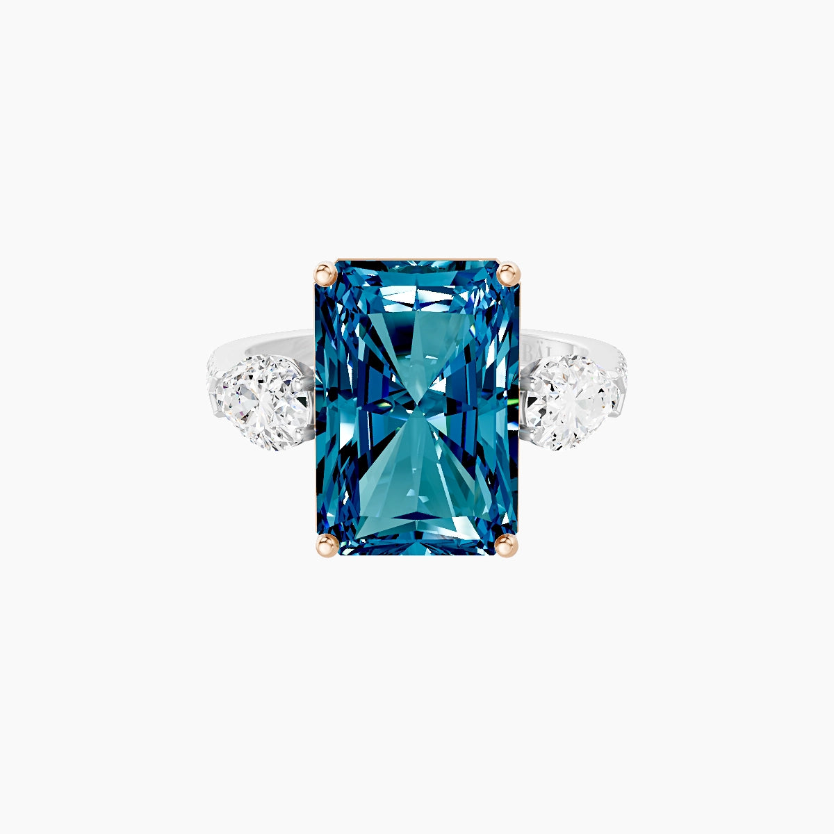 Classic Pear Trilogy with Straight Shank | 18k White & Rose Gold 5 ct Radiant Blue Lab Diamond Ring