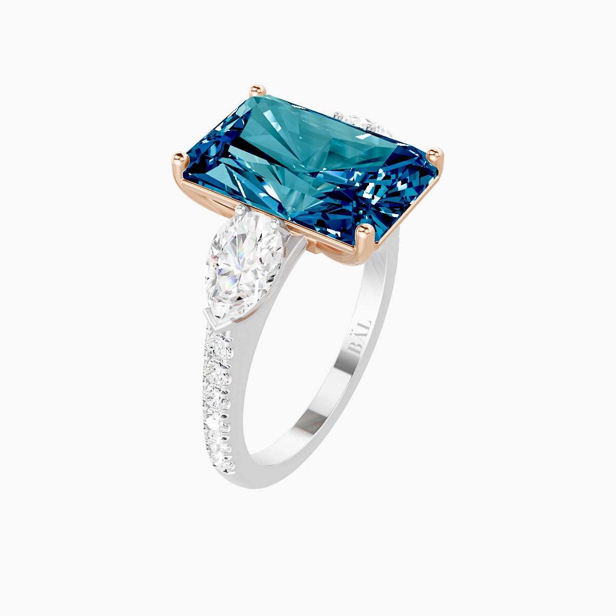 Classic Pear Trilogy with Straight Shank | 18k White & Rose Gold 5 ct Radiant Blue Lab Diamond Ring