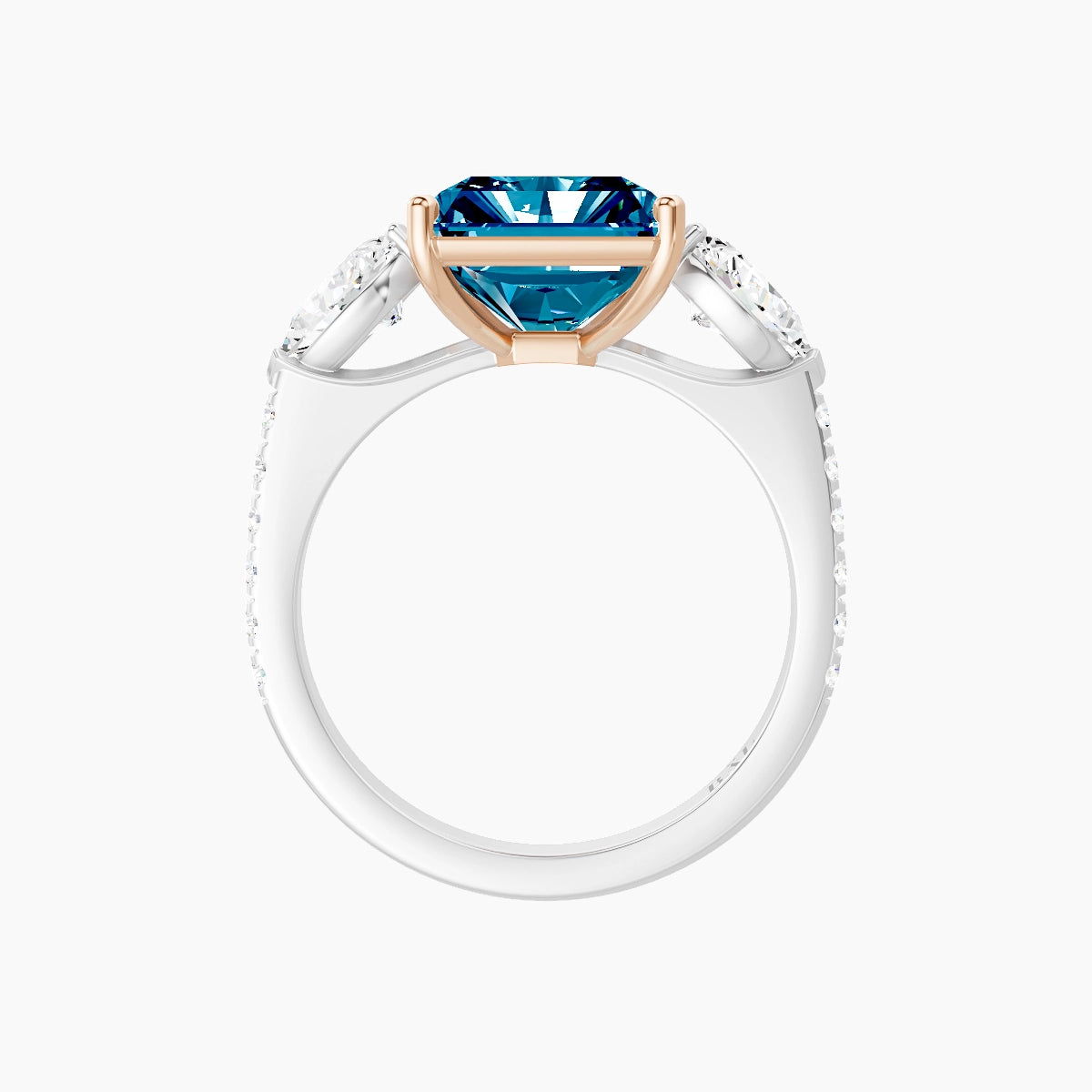 Classic Pear Trilogy with Straight Shank | 18k White & Rose Gold 5 ct Radiant Blue Lab Diamond Ring