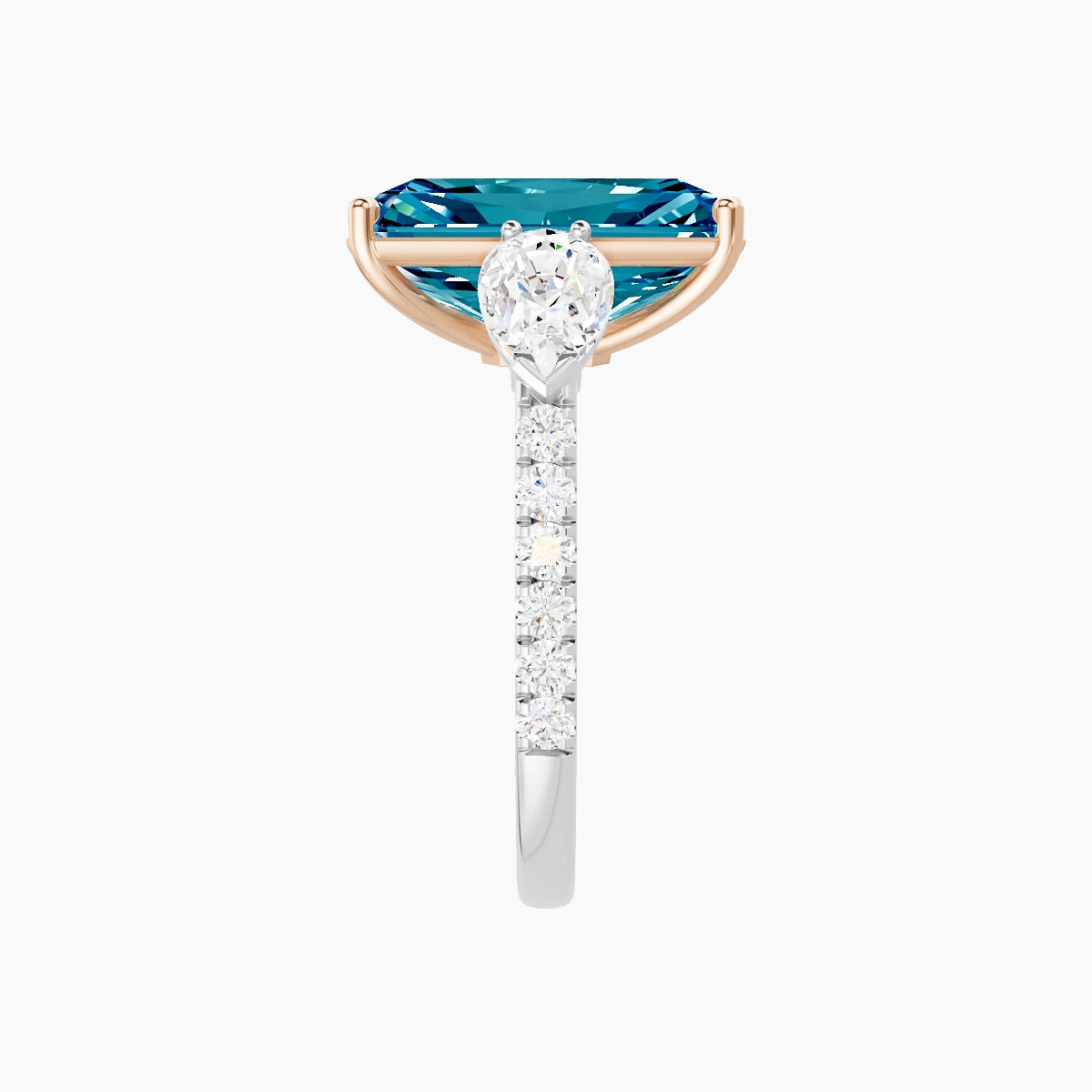 Classic Pear Trilogy with Straight Shank | 18k White & Rose Gold 5 ct Radiant Blue Lab Diamond Ring