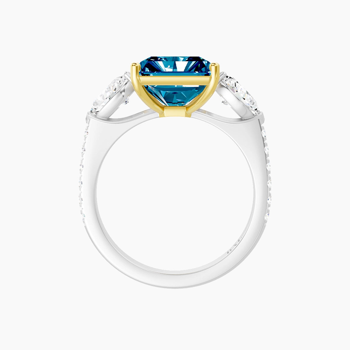 Classic Pear Trilogy with Straight Shank | 18k White & Yellow Gold 5 ct Radiant Blue Lab Diamond Ring