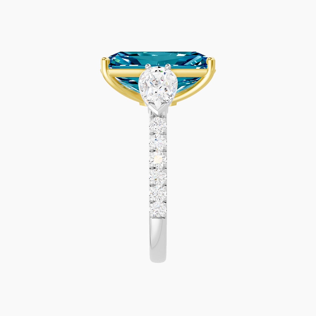 Classic Pear Trilogy with Straight Shank | 18k White & Yellow Gold 5 ct Radiant Blue Lab Diamond Ring