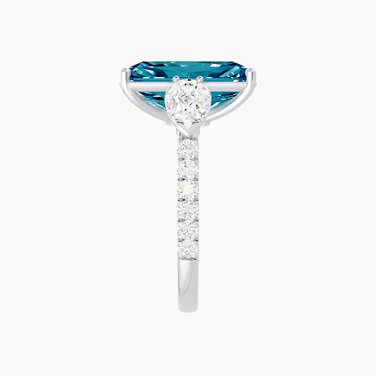 Classic Pear Trilogy with Straight Shank | 18k White Gold 5 ct Radiant Blue Lab Diamond Ring