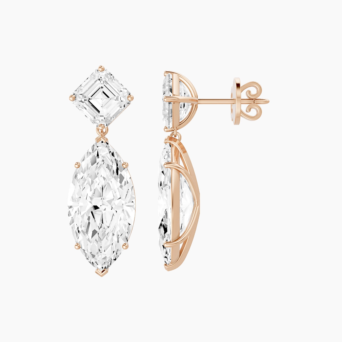 18k Rose Gold Marquise White Lab Diamond Asscher Drop Earrings | 13 ct total