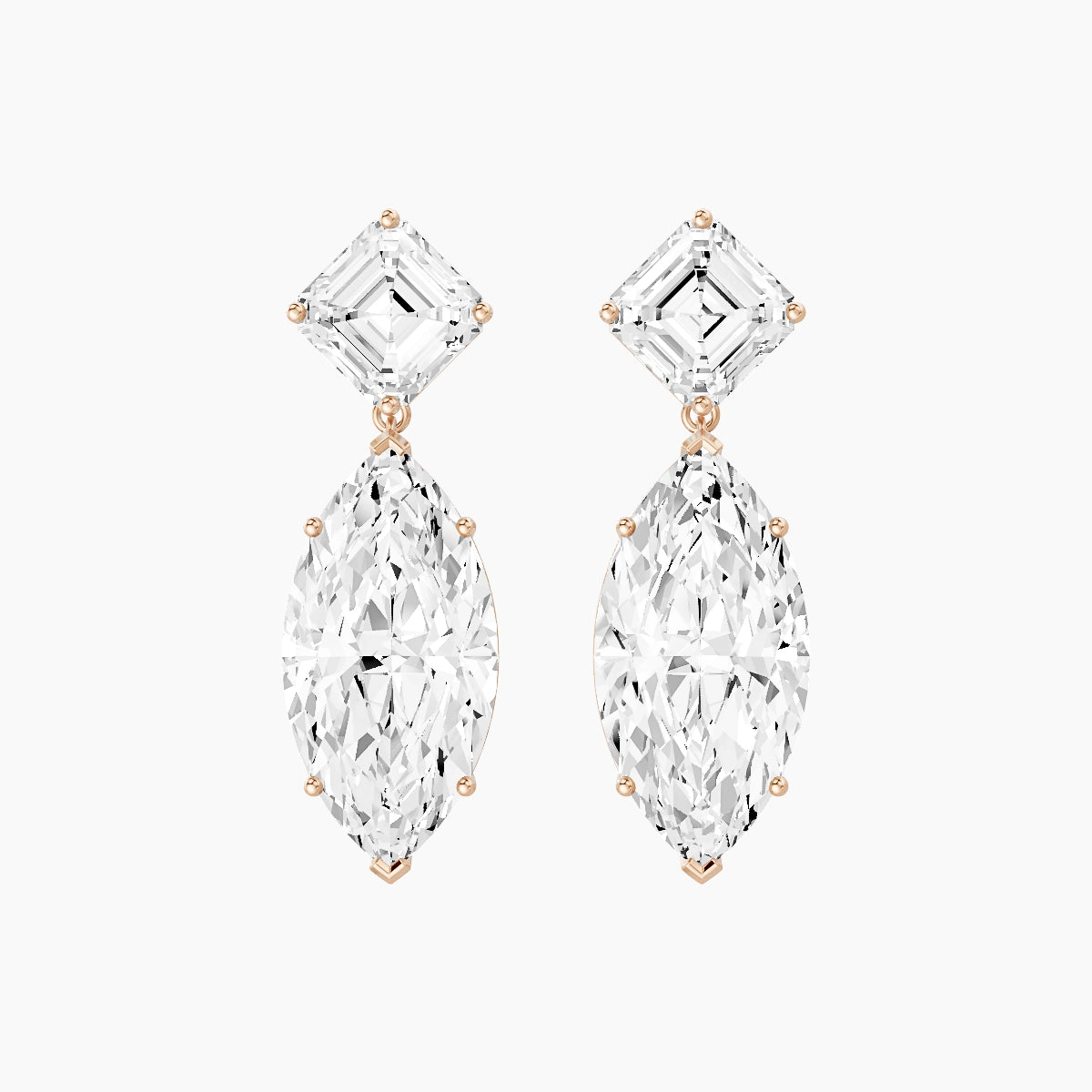 18k Rose Gold Marquise White Lab Diamond Asscher Drop Earrings | 13 ct total