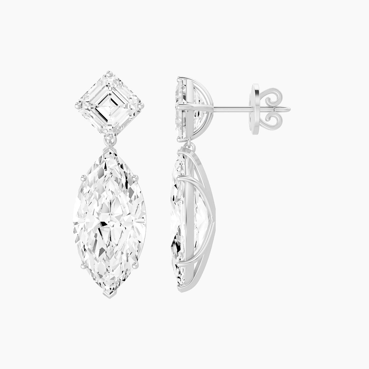 18k White Gold Marquise White Lab Diamond Asscher Drop Earrings | 13 ct total