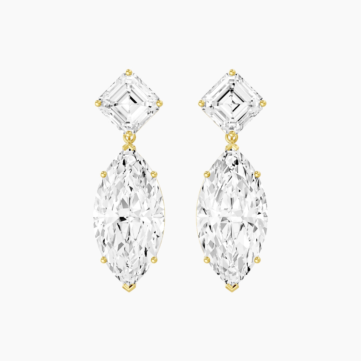 18k Yellow Gold Marquise White Lab Diamond Asscher Drop Earrings | 13 ct total