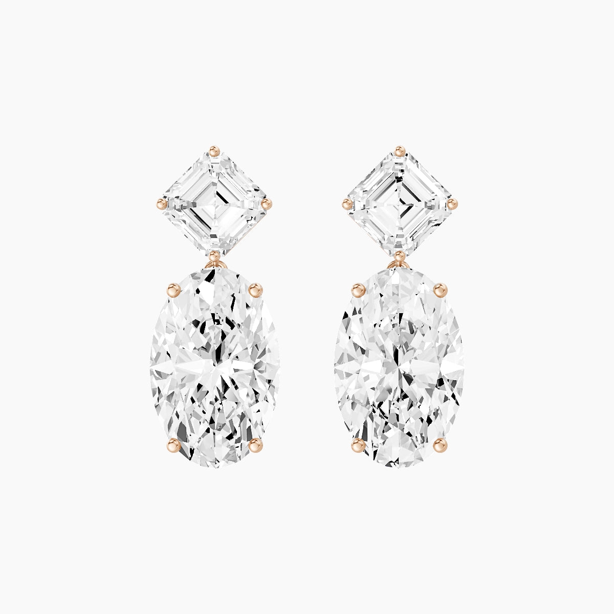 18k Rose Gold Oval White Lab Diamond Asscher Drop Earrings | 13 ct total