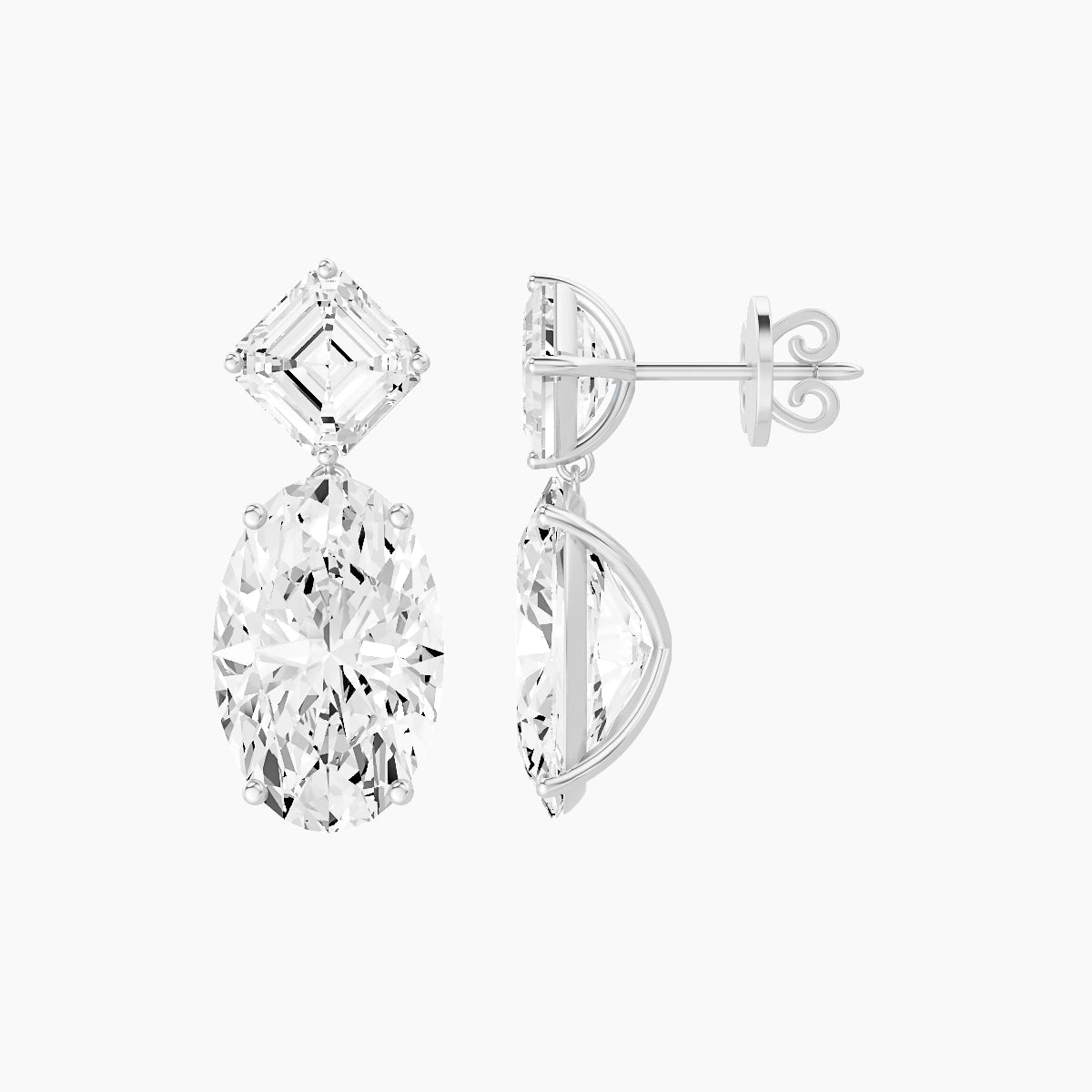 18k White Gold Oval White Lab Diamond Asscher Drop Earrings | 13 ct total