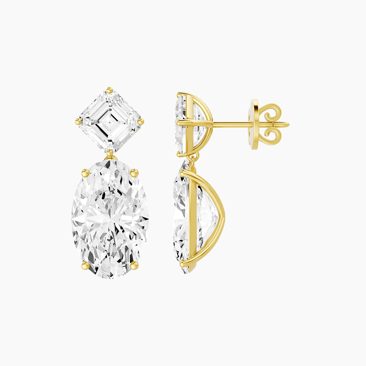 18k Yellow Gold Oval White Lab Diamond Asscher Drop Earrings | 13 ct total