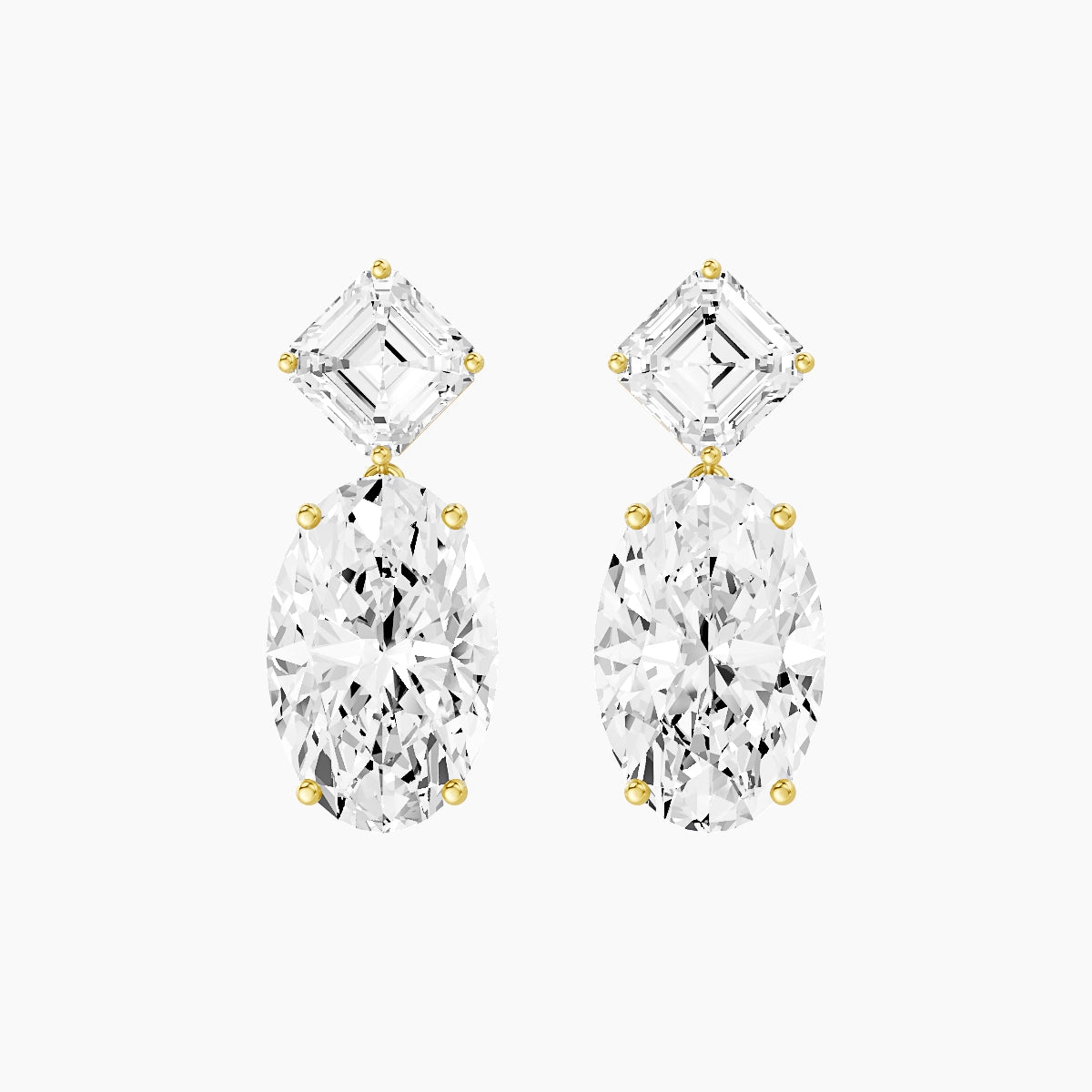 18k Yellow Gold Oval White Lab Diamond Asscher Drop Earrings | 13 ct total