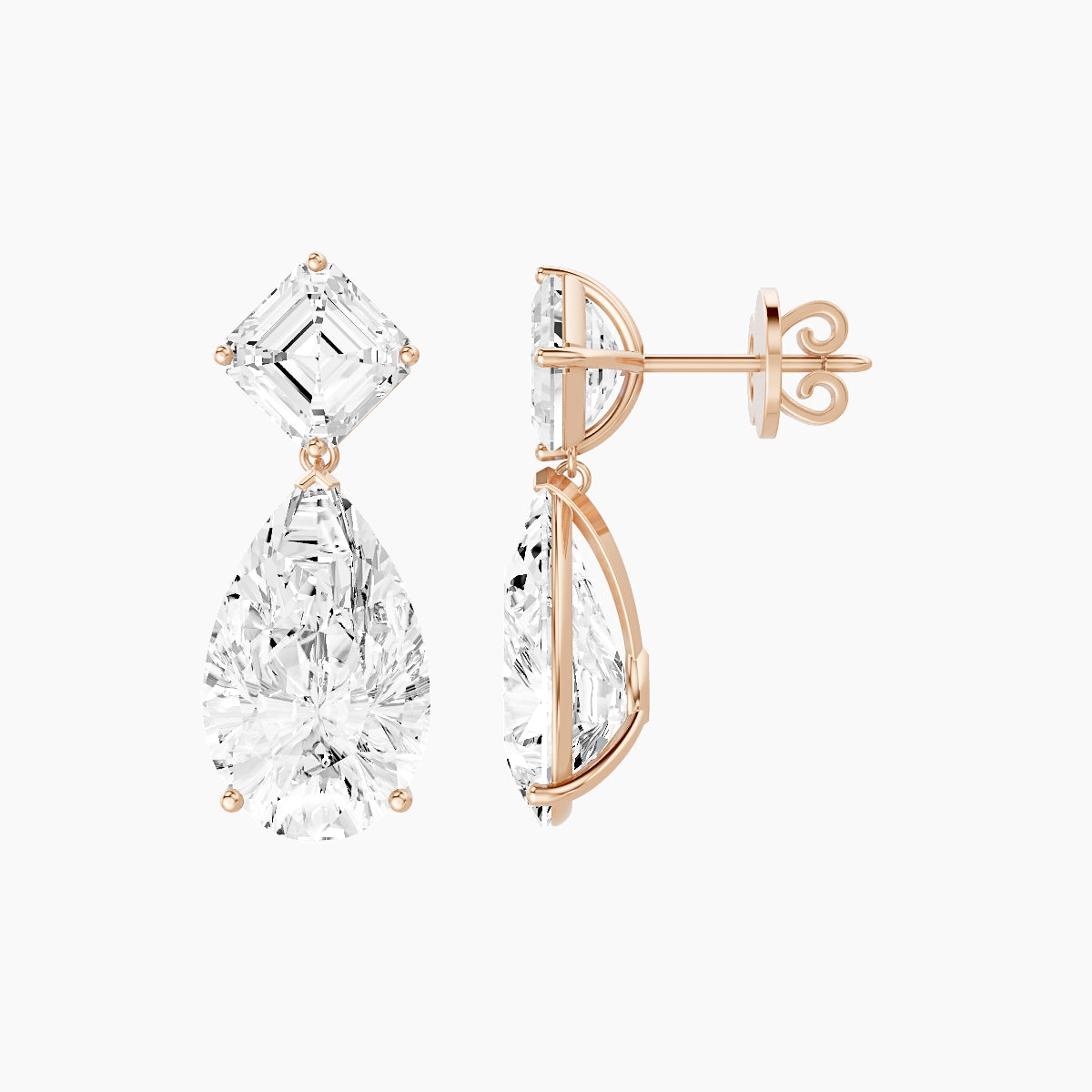 18k Rose Gold Pear White Lab Diamond Asscher Drop Earrings | 13 ct total