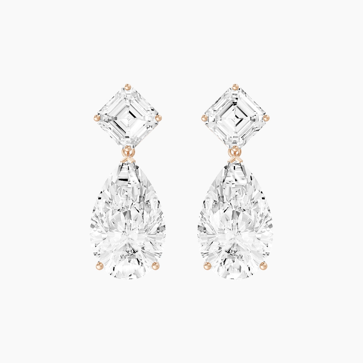 18k Rose Gold Pear White Lab Diamond Asscher Drop Earrings | 13 ct total