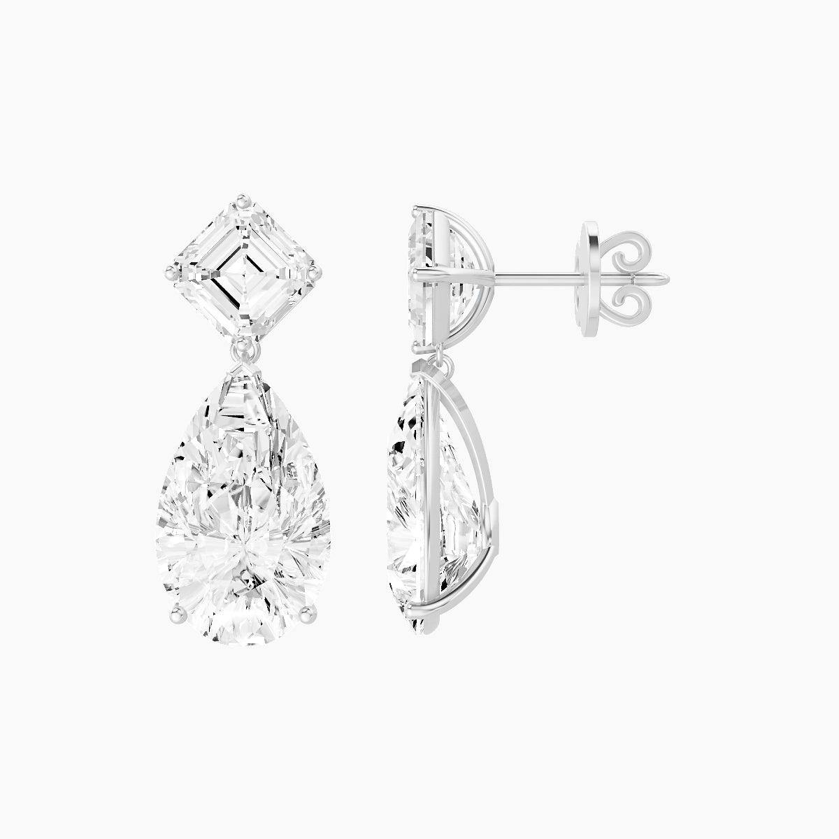 18k White Gold Pear White Lab Diamond Asscher Drop Earrings | 13 ct total