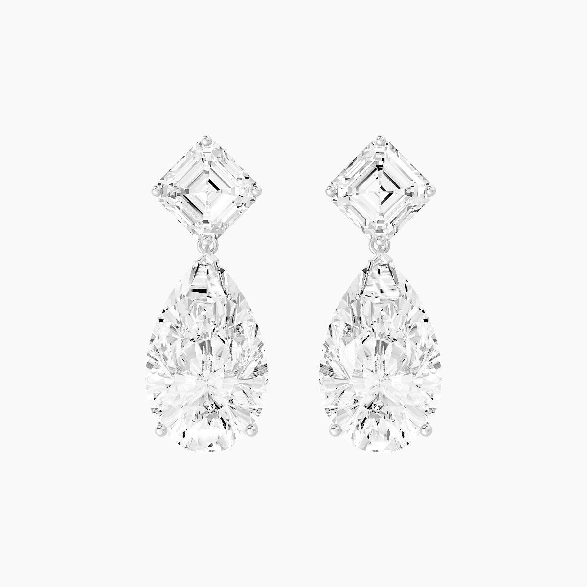 18k White Gold Pear White Lab Diamond Asscher Drop Earrings | 13 ct total