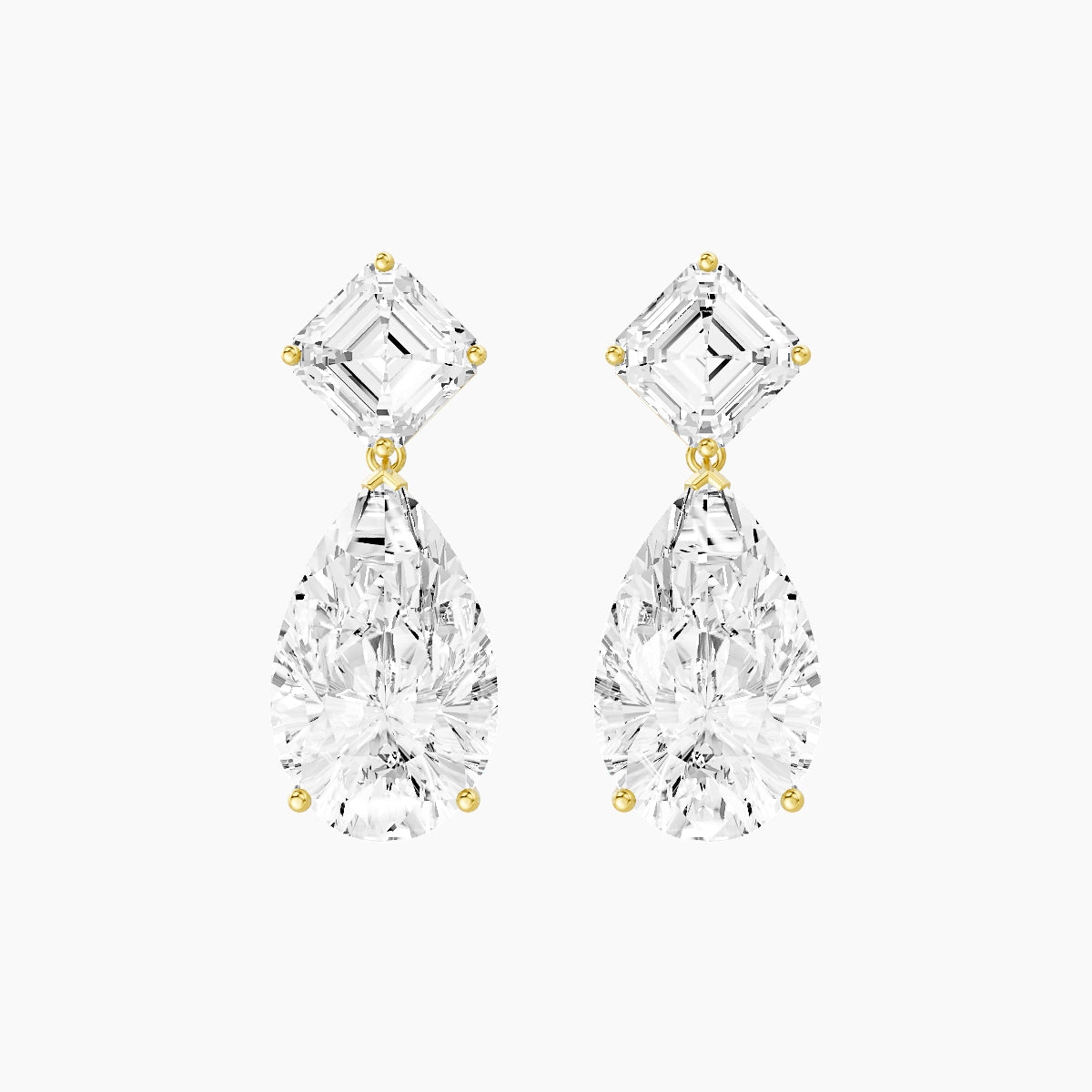 18k Yellow Gold Pear White Lab Diamond Asscher Drop Earrings | 13 ct total