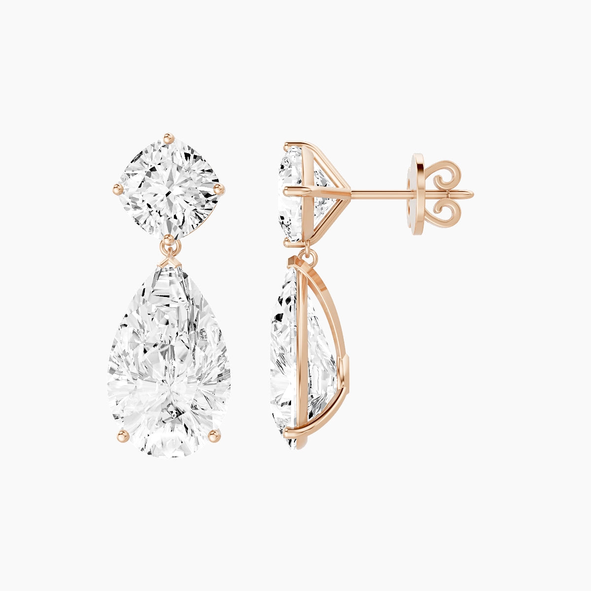 18k Rose Gold Pear White Lab Diamond Square Cushion Drop Earrings | 14 ct total
