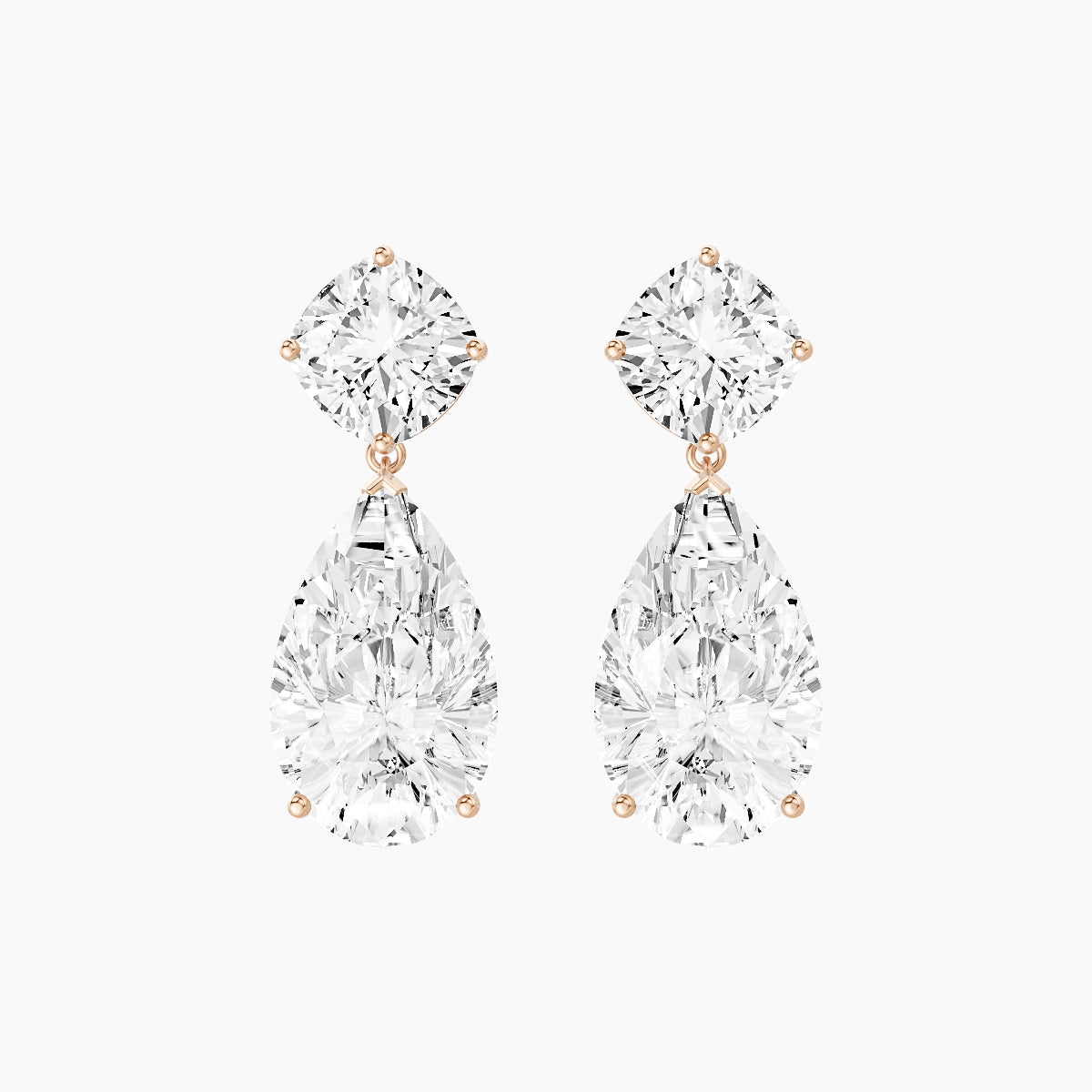18k Rose Gold Pear White Lab Diamond Square Cushion Drop Earrings | 14 ct total