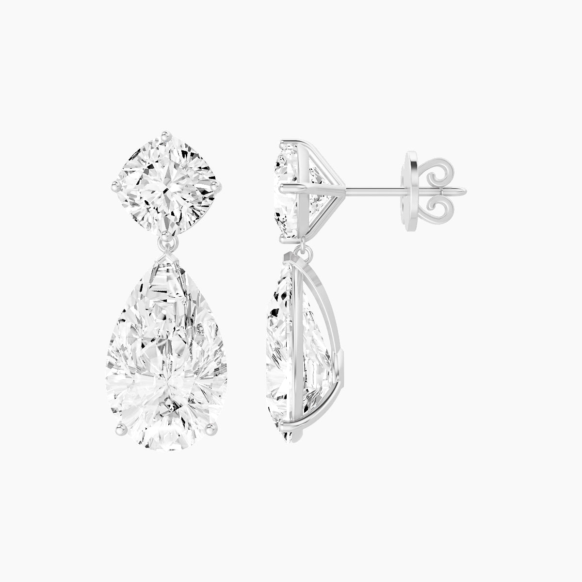 18k White Gold Pear White Lab Diamond Square Cushion Drop Earrings | 14 ct total