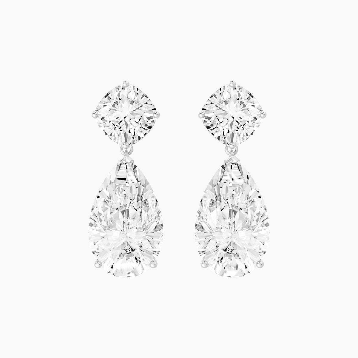 18k White Gold Pear White Lab Diamond Square Cushion Drop Earrings | 14 ct total