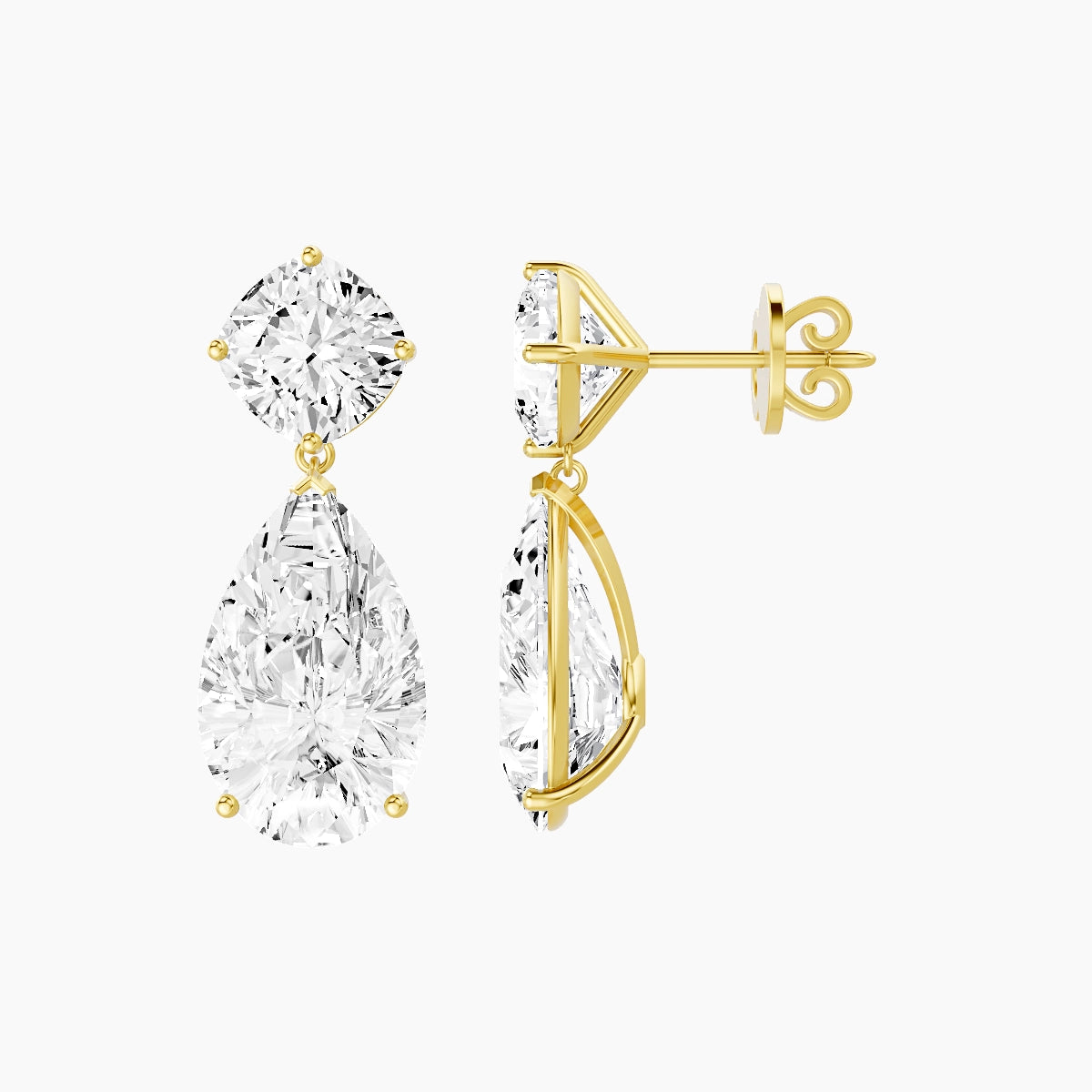 18k Yellow Gold Pear White Lab Diamond Square Cushion Drop Earrings | 14 ct total