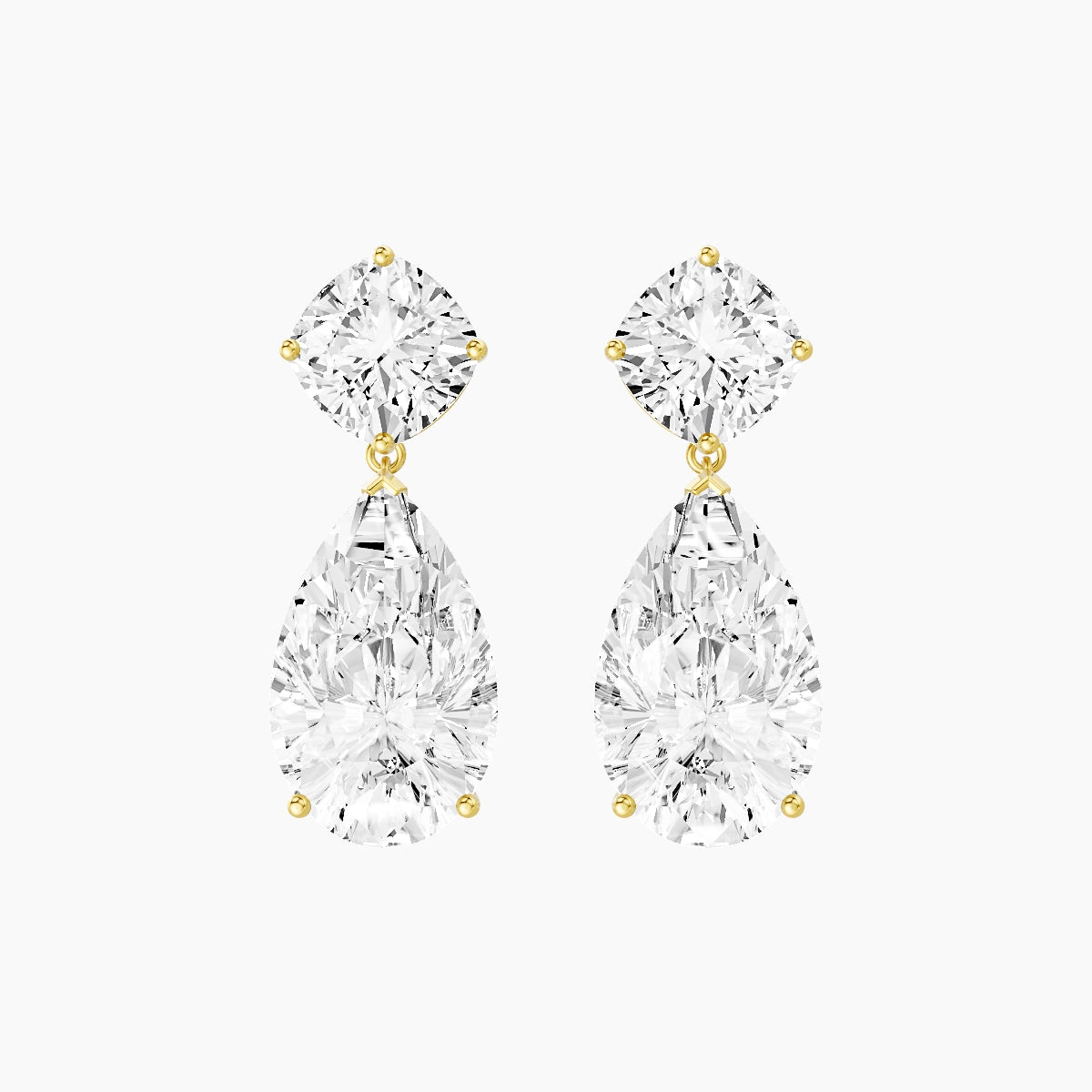 18k Yellow Gold Pear White Lab Diamond Square Cushion Drop Earrings | 14 ct total