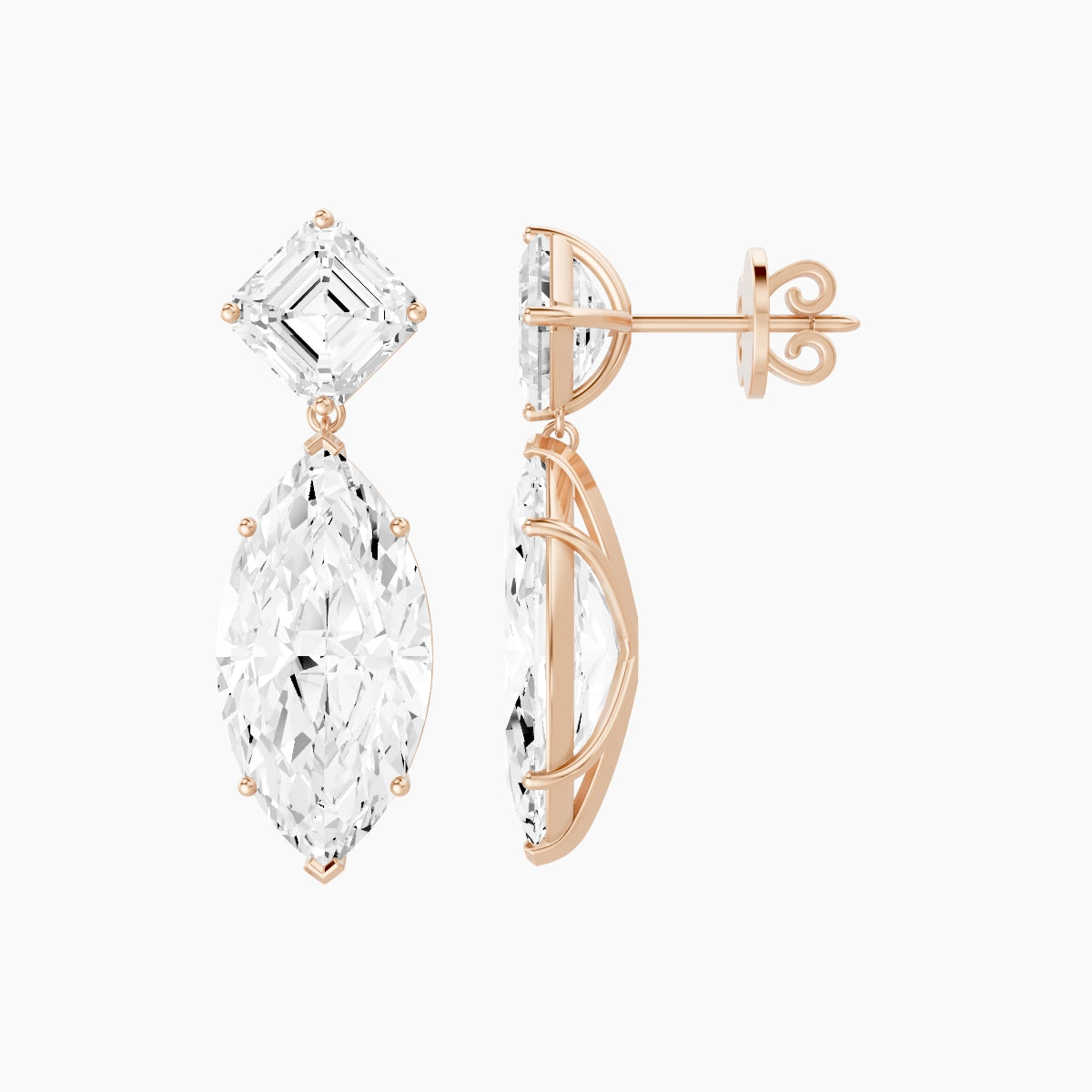 18k Rose Gold Marquise White Lab Diamond Asscher Drop Earrings | 13 ct total