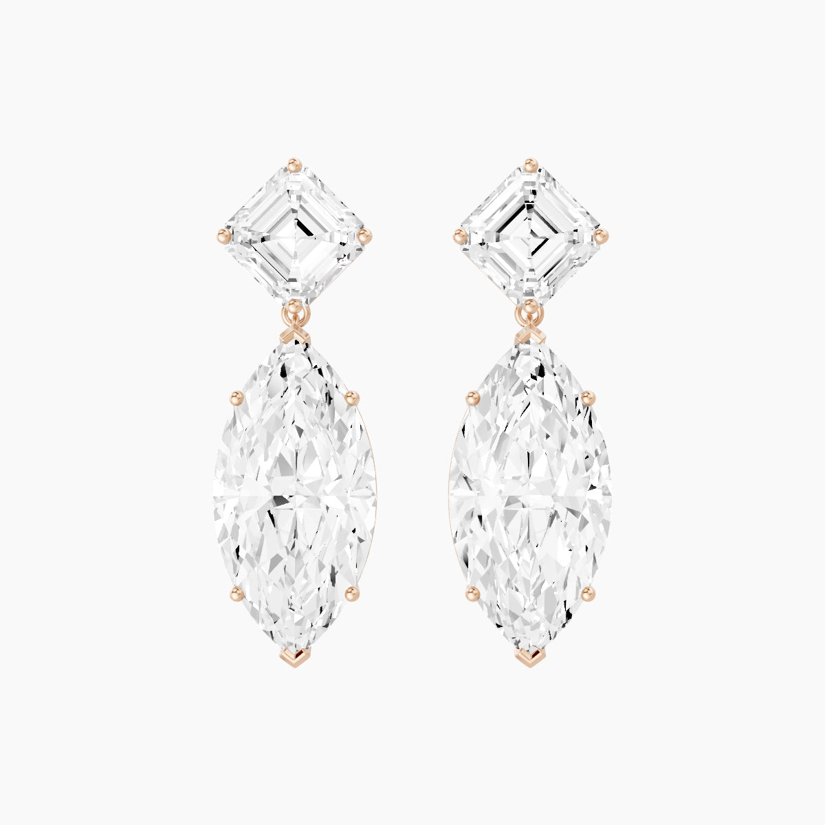 18k Rose Gold Marquise White Lab Diamond Asscher Drop Earrings | 13 ct total