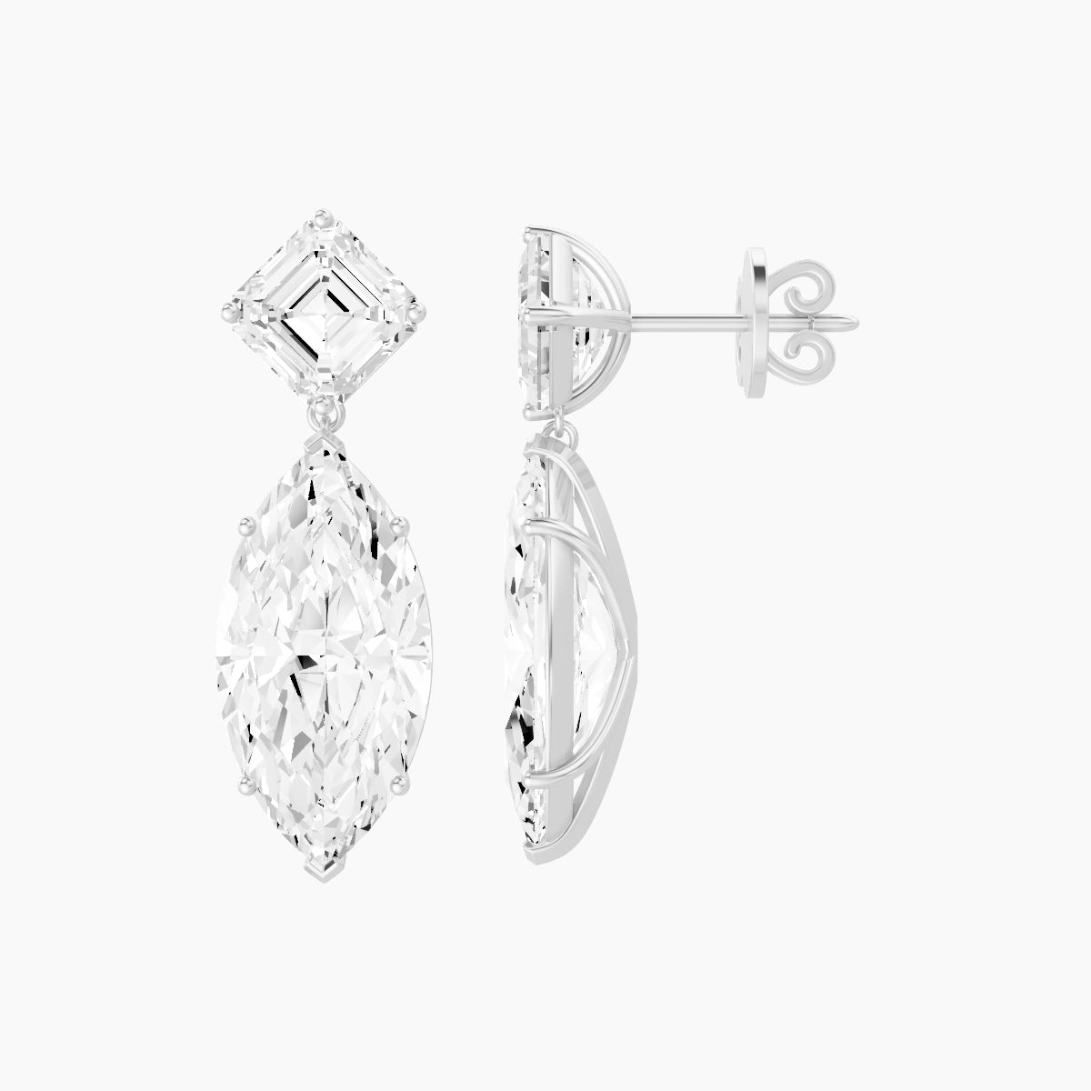 18k White Gold Marquise White Lab Diamond Asscher Drop Earrings | 13 ct total