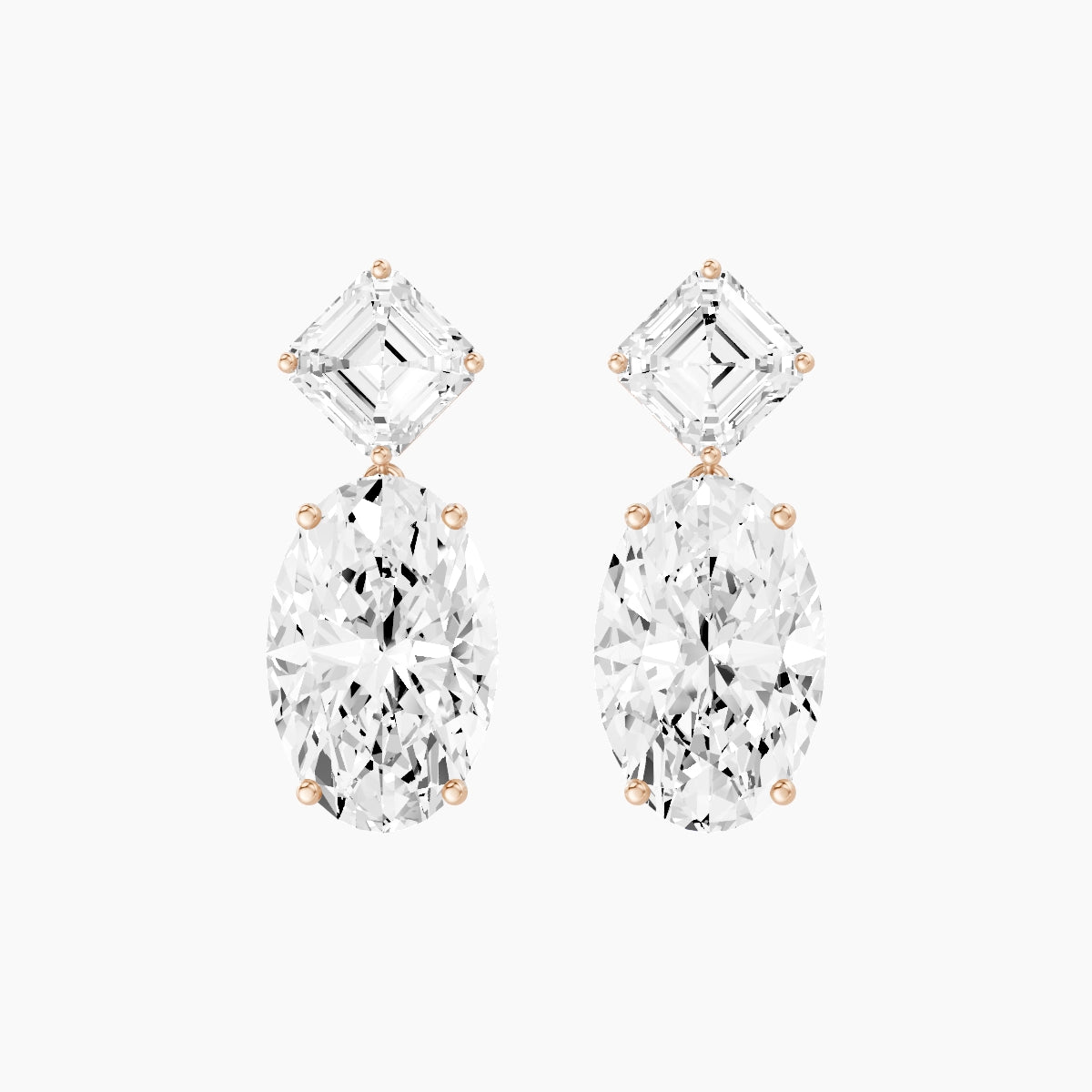 18k Rose Gold Oval White Lab Diamond Asscher Drop Earrings | 13 ct total