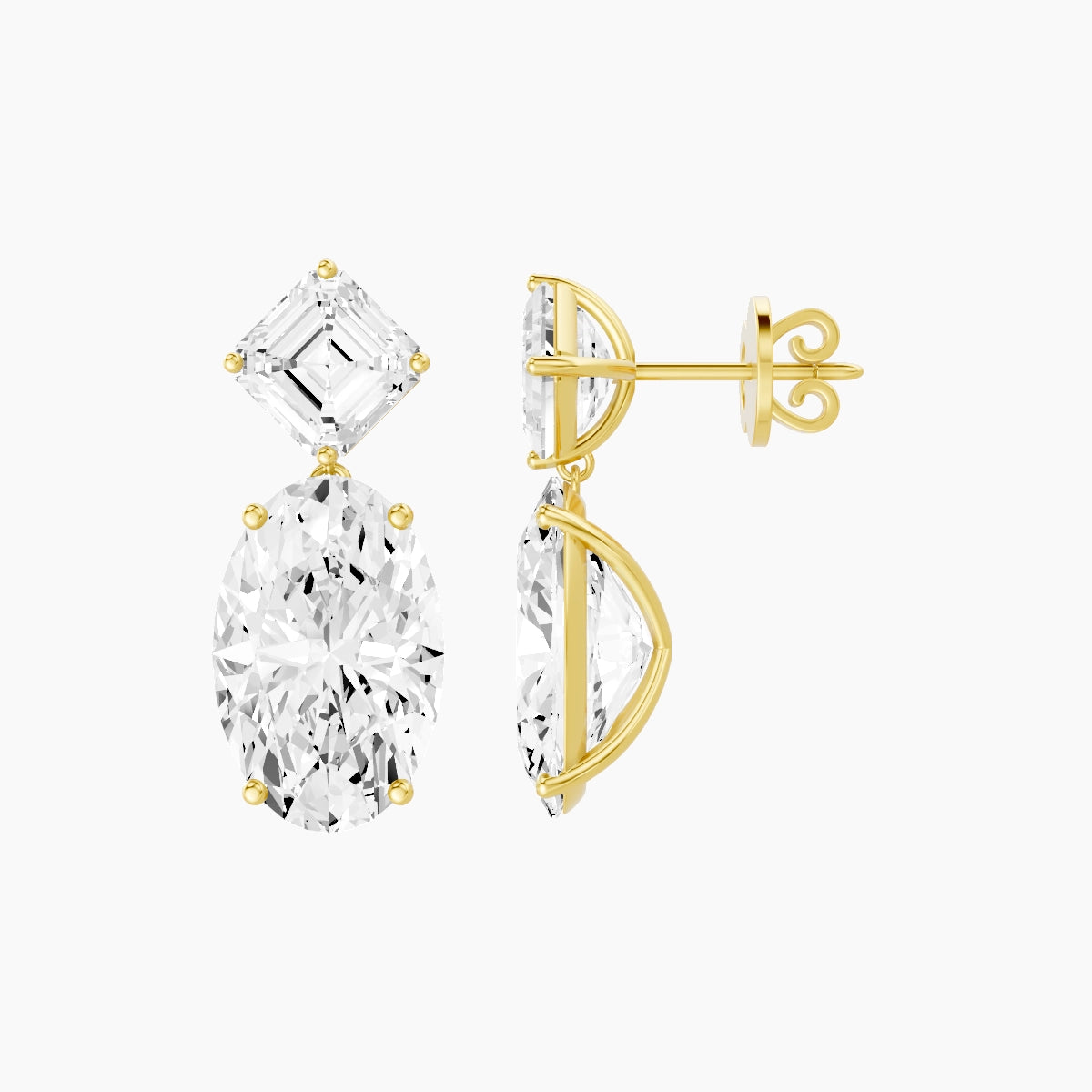 18k Yellow Gold Oval White Lab Diamond Asscher Drop Earrings | 13 ct total
