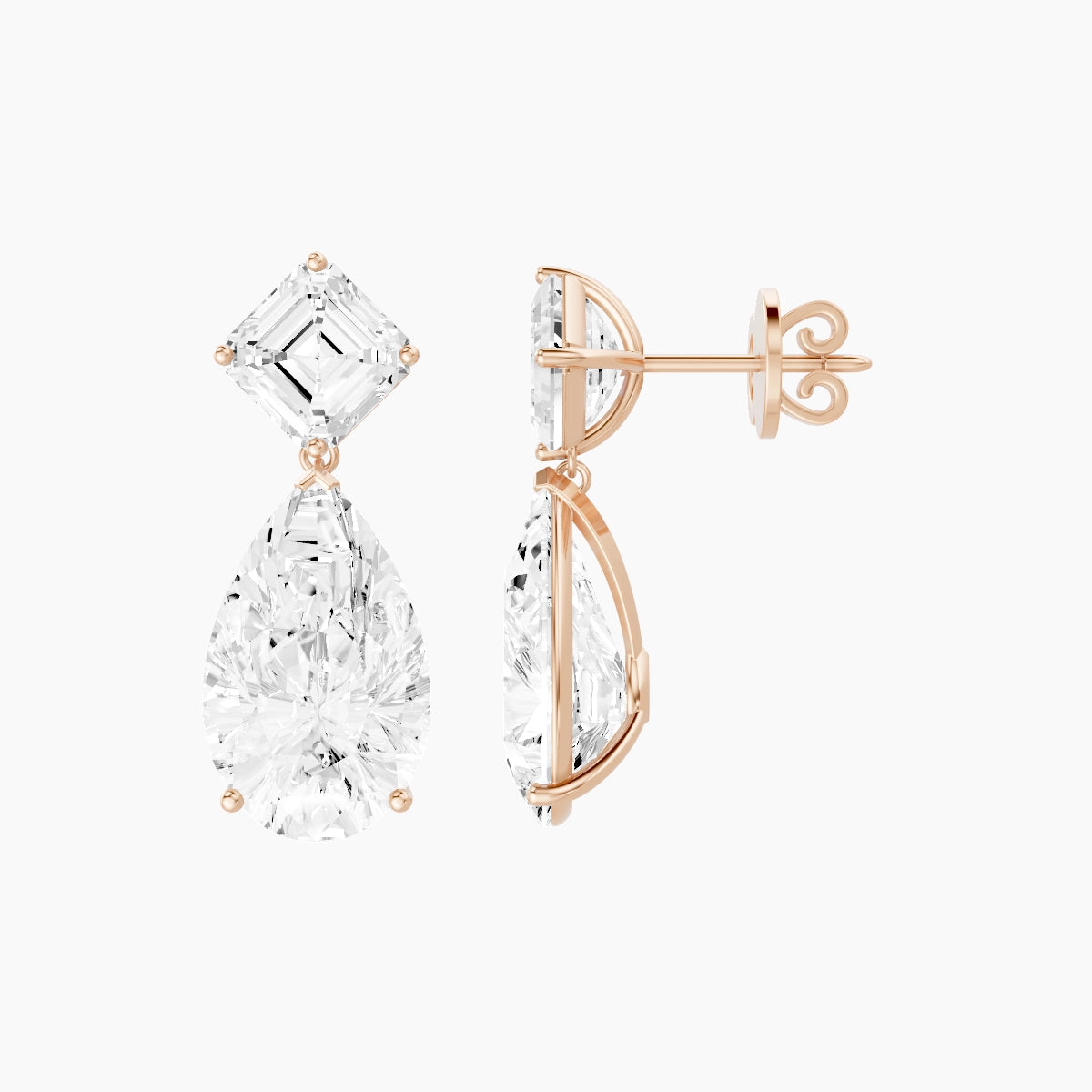 18k Rose Gold Pear White Lab Diamond Asscher Drop Earrings | 13 ct total