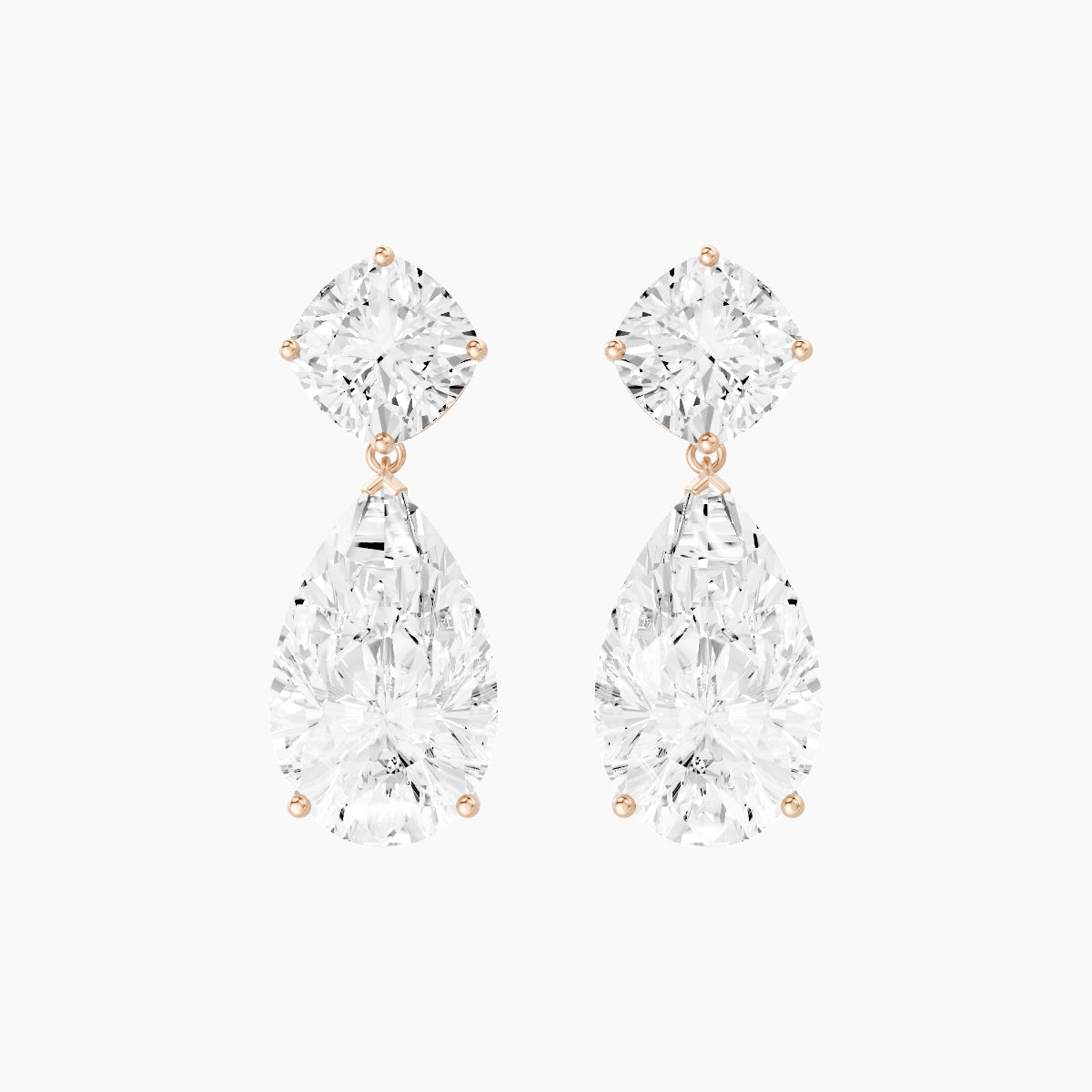 18k Rose Gold Pear White Lab Diamond Square Cushion Drop Earrings | 14 ct total