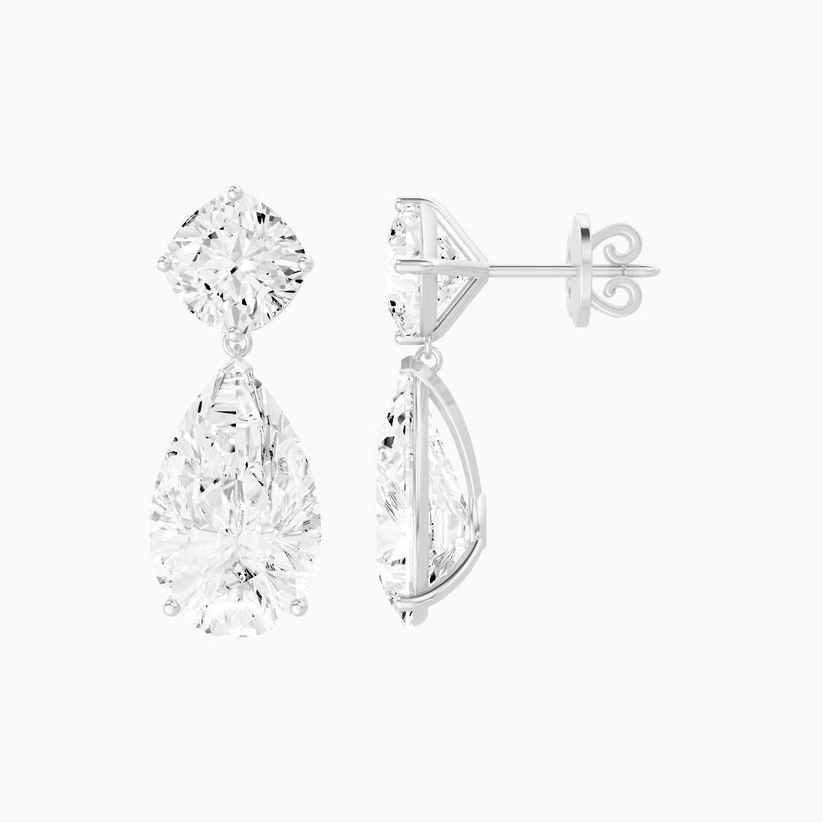 18k White Gold Pear White Lab Diamond Square Cushion Drop Earrings | 14 ct total