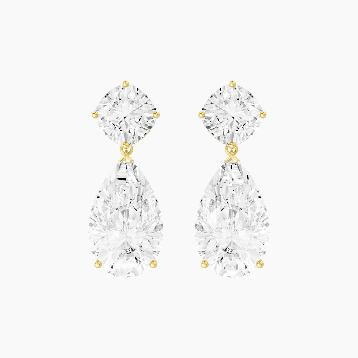 18k Yellow Gold Pear White Lab Diamond Square Cushion Drop Earrings | 14 ct total