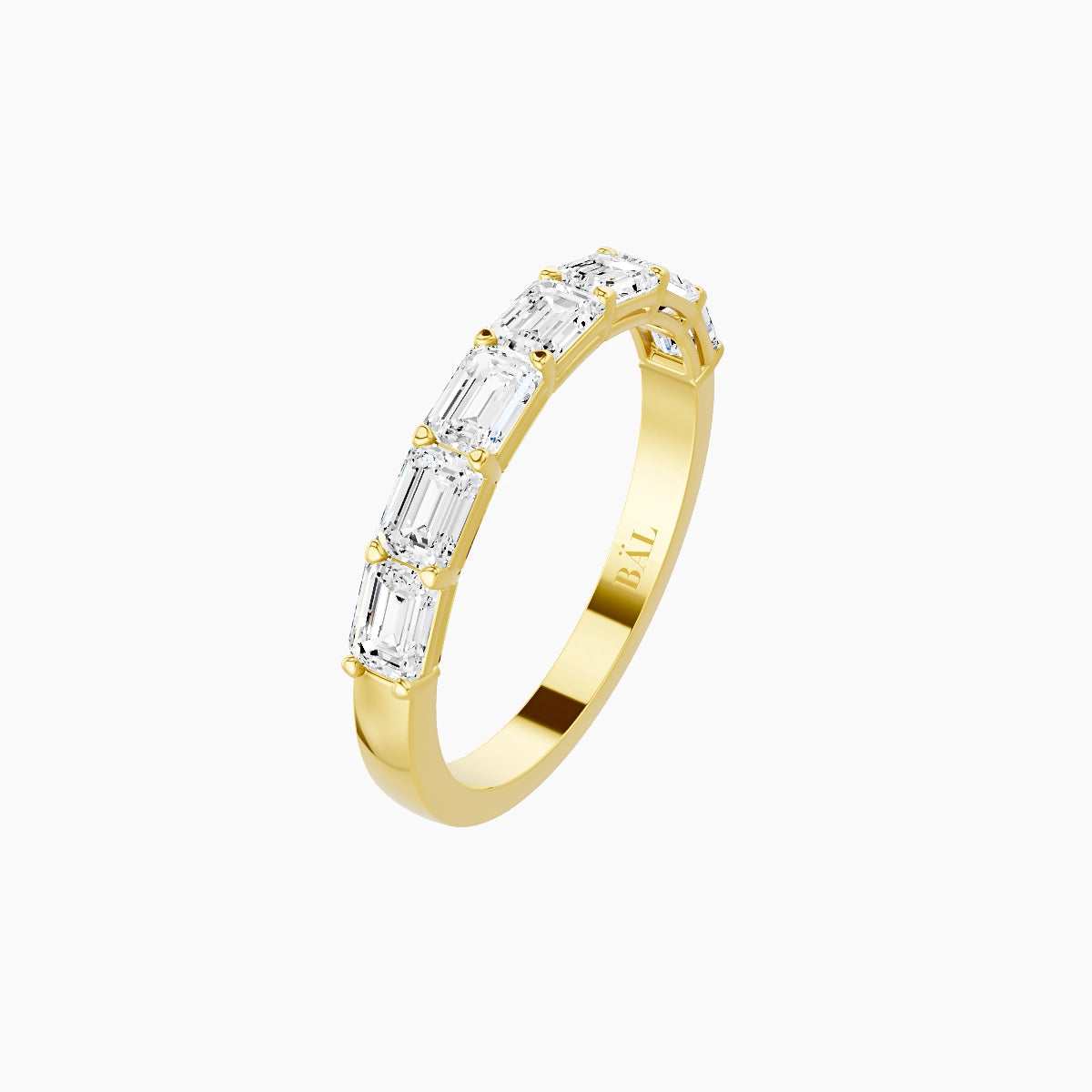 East-West Half Eternity Ring | 18k Yellow Gold 3.6 x 2.6 mm Emerald White Lab Diamond with Shared Prongs