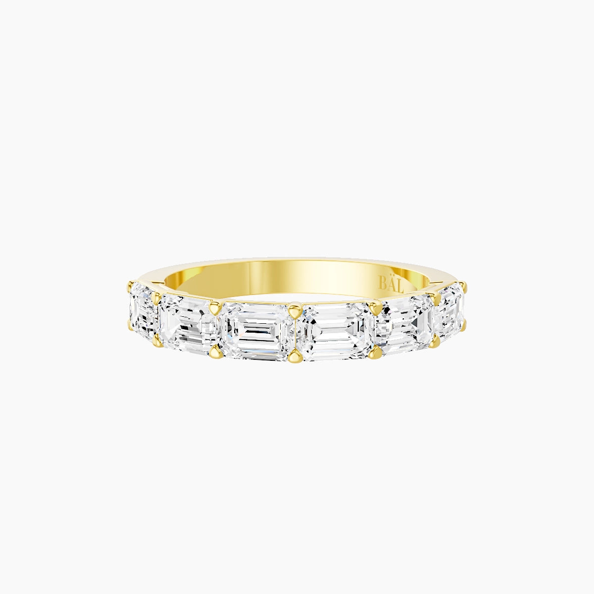 East-West Half Eternity Ring | 18k Yellow Gold 4.5 x 3.2 mm Emerald White Lab Diamond with Shared Prongs