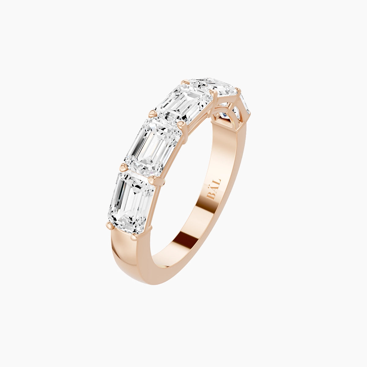 East-West Half Eternity Ring | 18k Rose Gold 5.3 x 3.8 mm Emerald White Lab Diamond with Shared Prongs