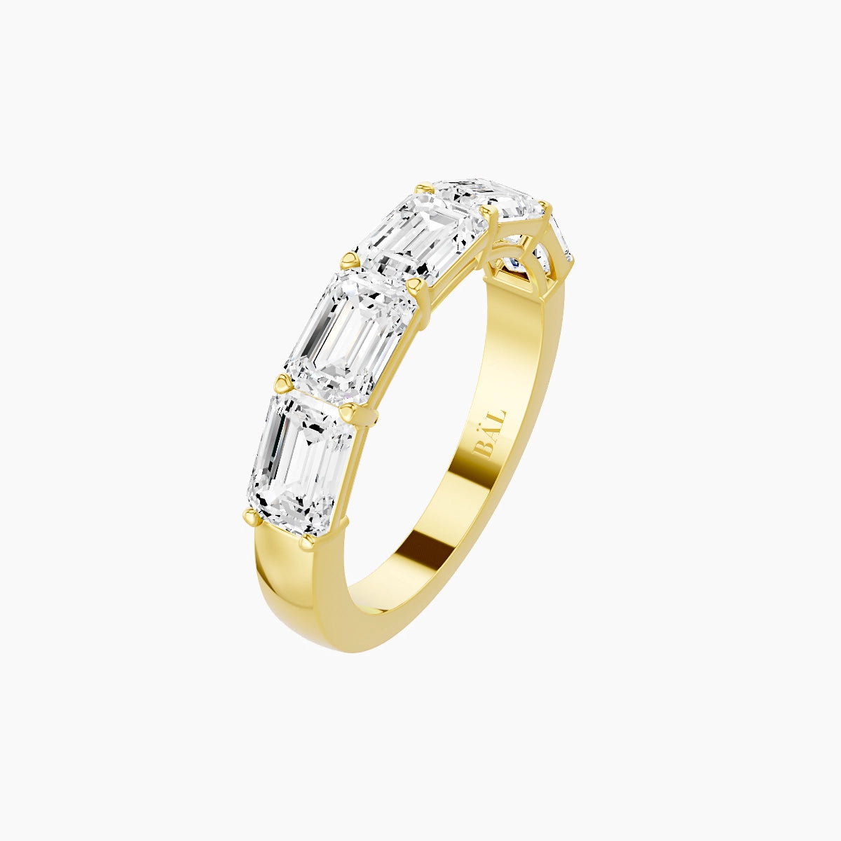 East-West Half Eternity Ring | 18k Yellow Gold 5.3 x 3.8 mm Emerald White Lab Diamond with Shared Prongs