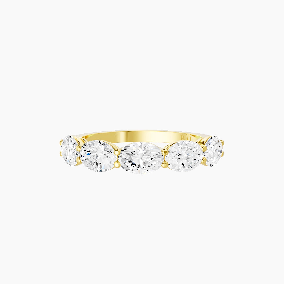 East-West Half Eternity Ring | 18k Yellow Gold 5.4 x 3.8 mm Oval White Lab Diamond with Shared Prongs